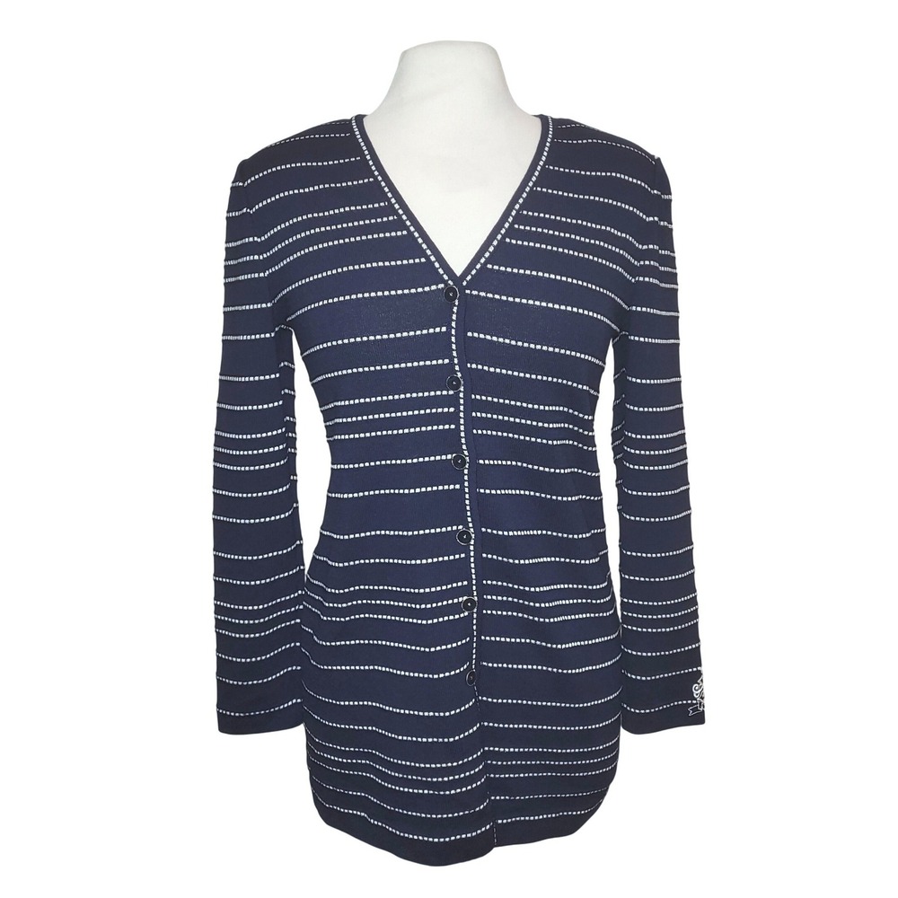 St. John Collection Navy Blue Silver Stripe Knit Stretch Sweater Jacket Size P